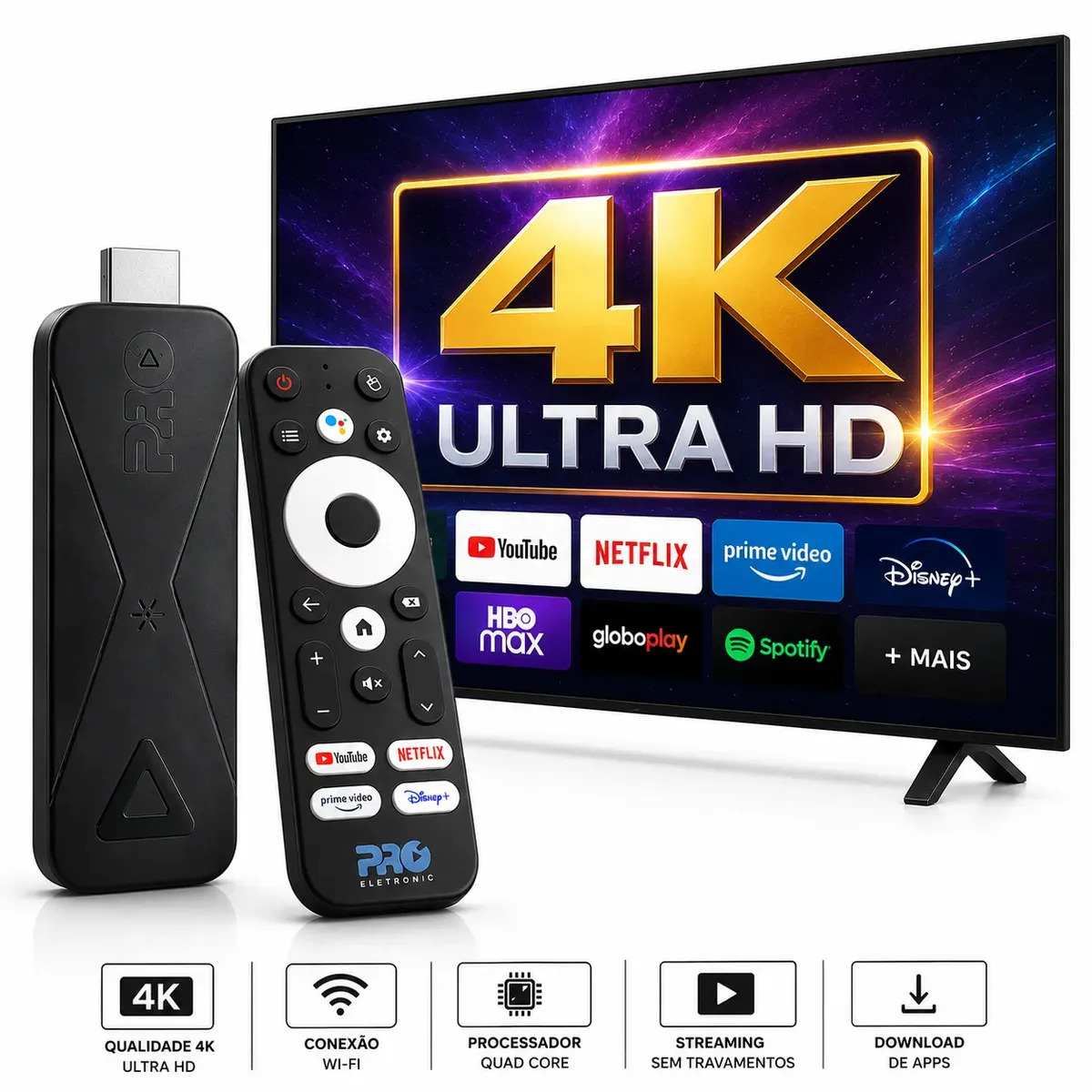 TV Stick Proeletronic Conversor Smart Preto 2026 4K Ultra HD Android 12 Streaming Wi-Fi 5G Bluetooth Comando de Voz HDMI Bivolt Homologado I Ideal para todos os tipos de Tvs Projetores