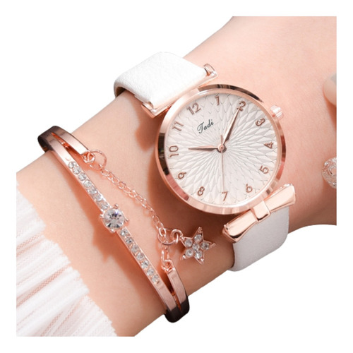 Reloj Dama Cuarzo - Pulso Cuero + Pulsera + Estuche