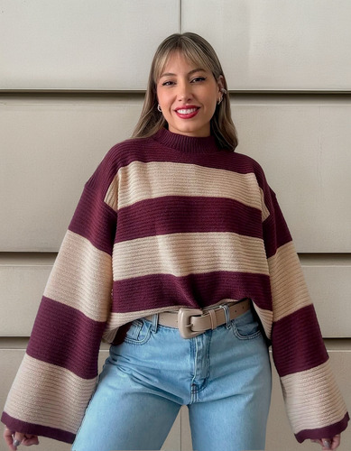 Poleron Invierno Lana Frizz Casual Buzo Rayado Sweater