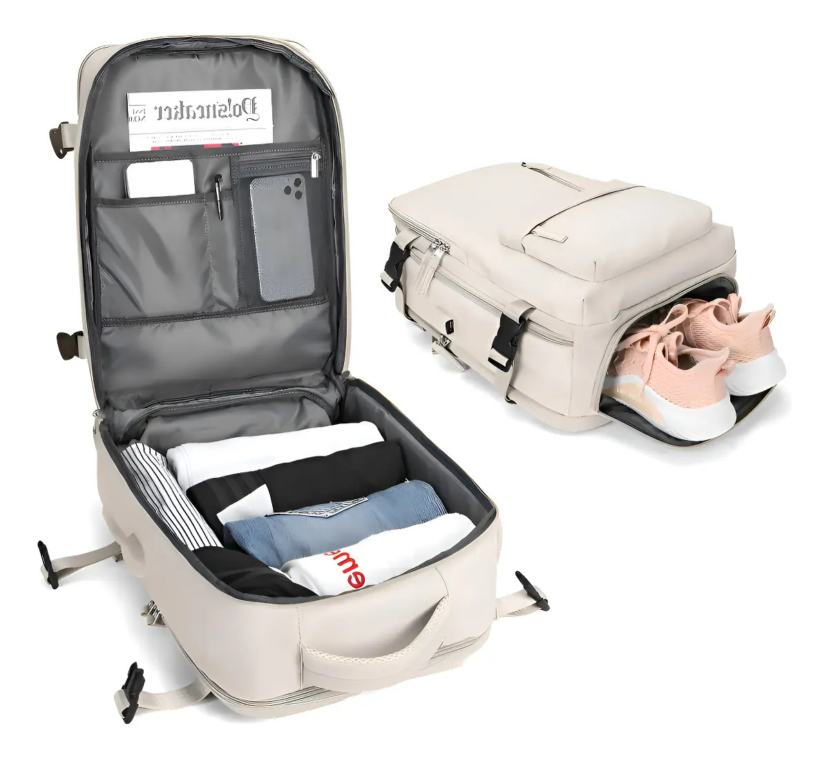 Mochila viaje Genérica Large Travel Backpack color beige diseño liso 40L