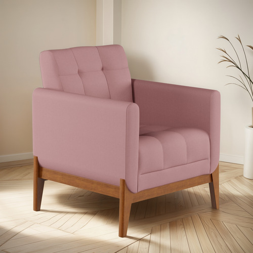Poltrona Com Base De Madeira Brooks Linho Rosê