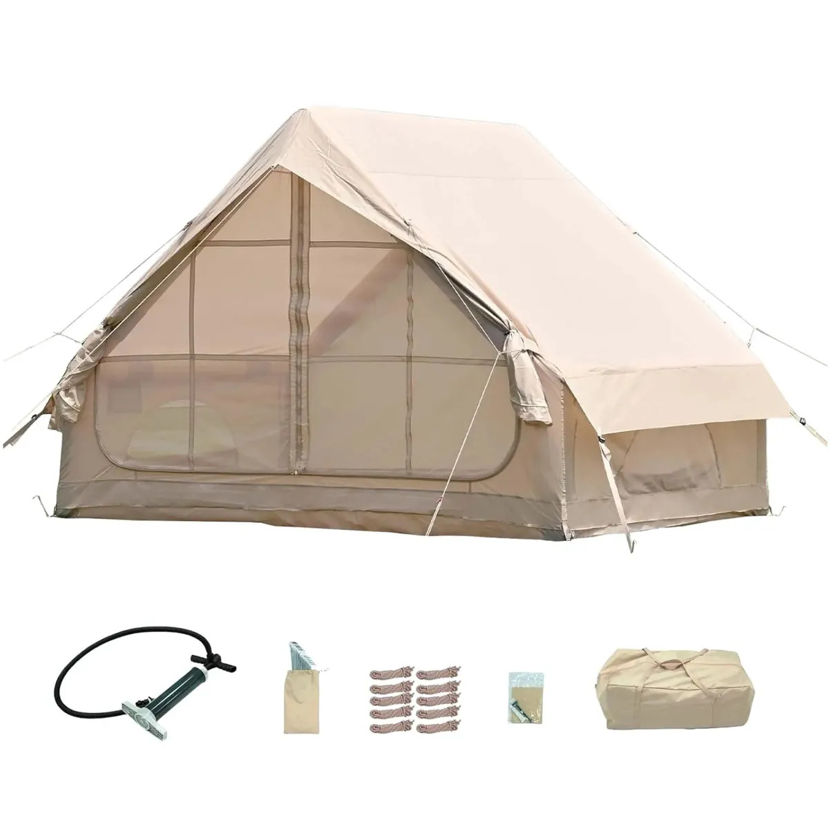 Carpa Inflable Familiar para Camping 4 a 6 Personas Color Arena, Impermeable con Mosquitero, Entrada Amplia y Techo Alto, Tienda de Campaña de Armado Rápido para Vacaciones y Aire Libre