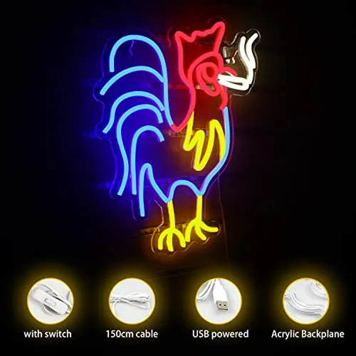 Letrero De Neon De Gallo Rojo Y Azul Para Decoración De Pare