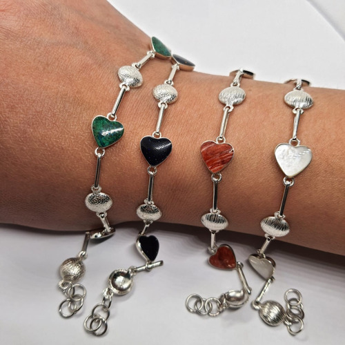 Pulsera Con Piedras Nacar Corazón Plata Nacional 950