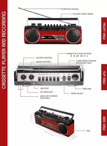 Riptunes Radio Cassette Stereo Boombox With Bluetooth Audio - Black