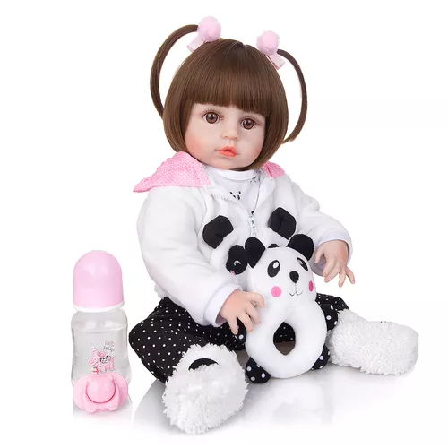 Boneca Bebê Reborn Silicone Menina Olhos Castanhos 48cm Com