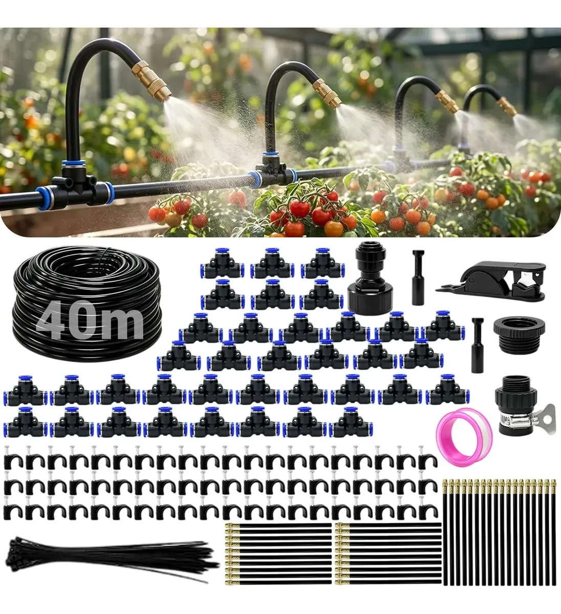 Kit 201 Pçs Irrigação Jardim 360° Névoa Mangueira PE 40m Sistema Completo Microaspersores Ajustáveis Rega Automática DIY Economia Água Plantas Horta Flores