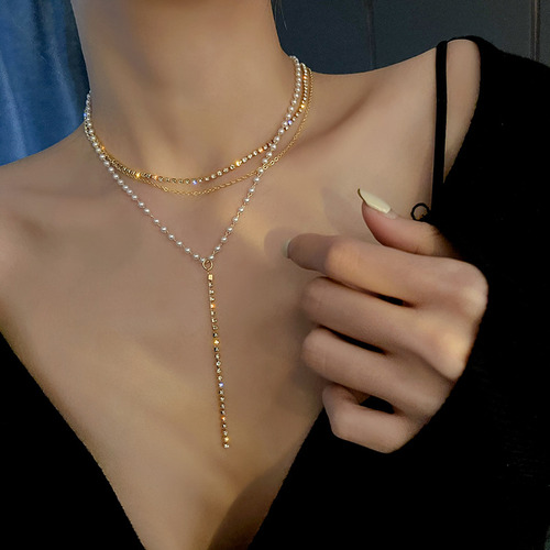 Elegante Collar De Perlas Flash Y De Múltiples Capas A La Mo