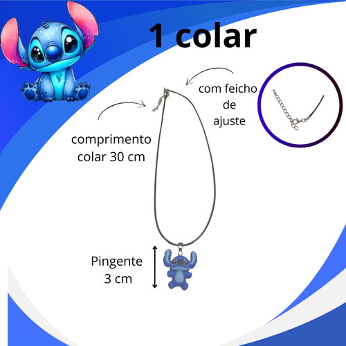 Kit Colar + Par Brinco Infanti Stitch Em Resina Azul Azul