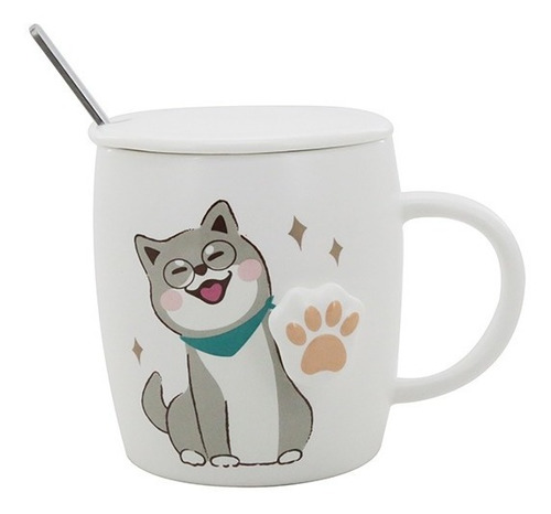 Taza De Diseño Perro Gato Cerámica C/ Tapa Y Cucharita 14422