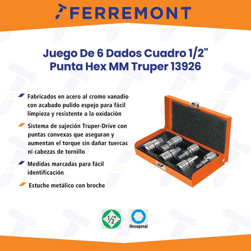 Juego De 6 Dados Cuadro 1/2 Punta Hex Mm Truper 13926