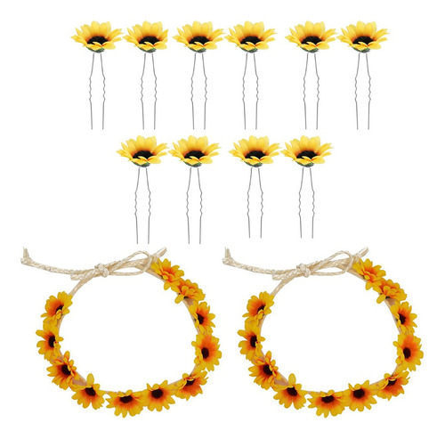 2 Unids Tela Girasol Diademas Corona Con 10 Unids Horquillas