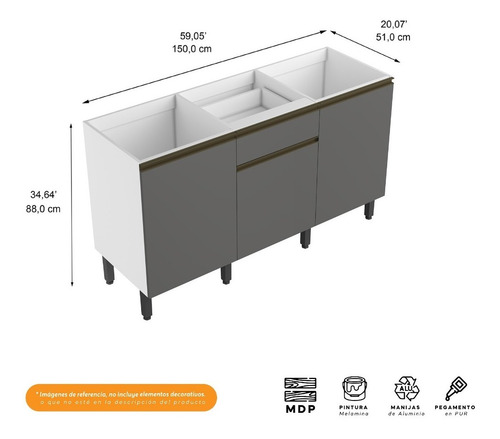 Imagen 2 de 3 de Mueble Base De Cocina 150cm 3 Puertas 1 Cajón Bertolini