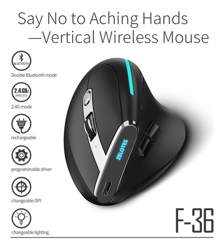 Ratón Bluetooth Vertical Inalámbrico Zelotes F-36 De 2,4 G
