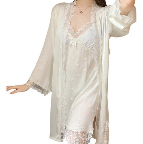 Camison Dama Sexy Blanco Encaje Tirantes Pijama Con Bata