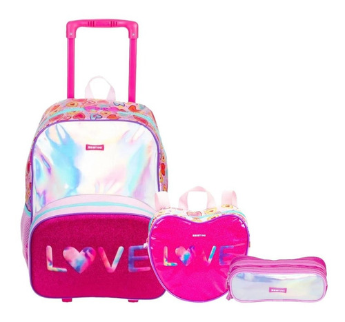 Kit Mochila Infantil Escolar Holográfica Love Rodinhas G 