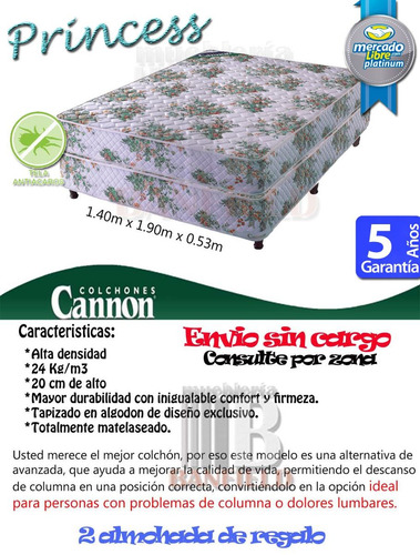 Sommier Y Colchon Cannon Princess 140 X 190 + 2 Almohadas