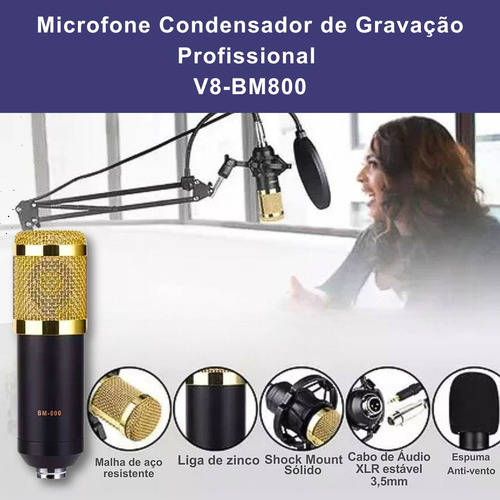 Kit Microfone Condensador Dourado Interface De Mesa Com Fio