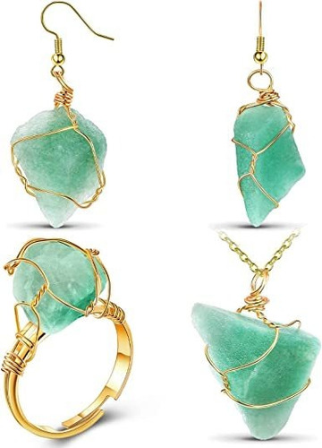 Juego De 4 Aretes De Cuarzo Verde Natural Con Cadena