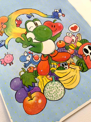 Pintado A Mano Ilustración Cuadro Yoshi Nintendo