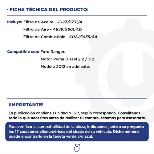 Kit Filtros Aceite + Aire + Combu Ford Ranger Diesel 2.2 3.2
