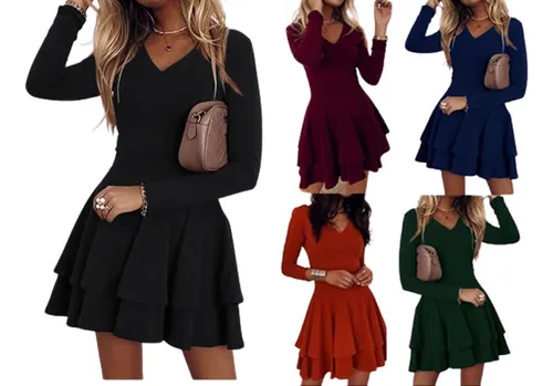 Vestido Liso Corto Con Dobladillo, Volantes Y Cuello En V