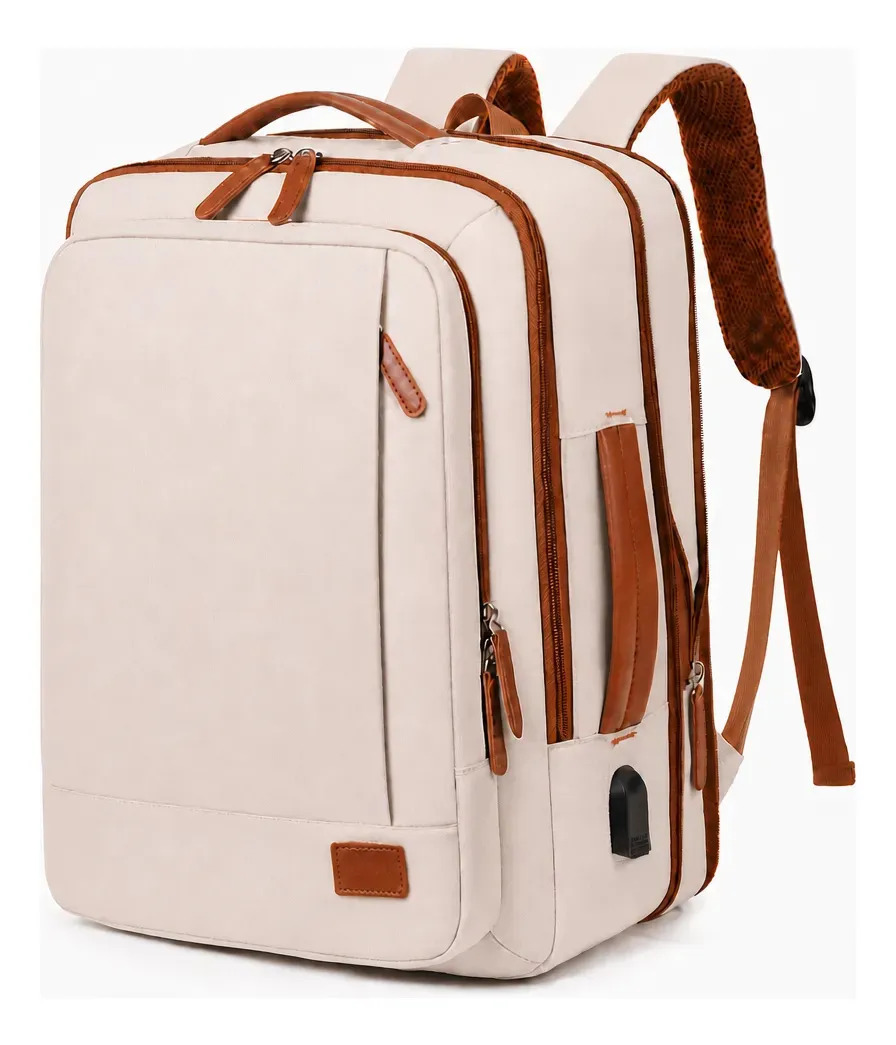 Mochila de Viagem Executiva 40L Notebook 17 Feminina Masculina Impermeável Expansível com Porta USB Bege