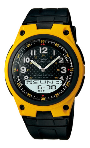 Reloj pulsera Casio Collection AW-80 de cuerpo color amarillo, analógico-digital, fondo negro, con correa de resina color negro, agujas color plateado y blanco, dial negro y gris y blanco, minutero/segundero amarillo y blanco, bisel color negro y hebilla simple