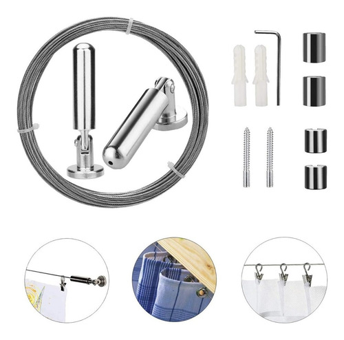 Imagen 7 de 10 de Kit Barral Tensor Cable De Acero Inoxidable Cortina Ganchos