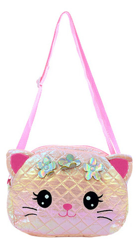 Cartera Gato Con Florcitas Tornasolado Brilloso Super Cute 