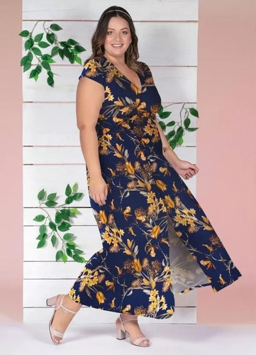 Vestido Longo Branco Floral Plus Size Helanca Transpassado 