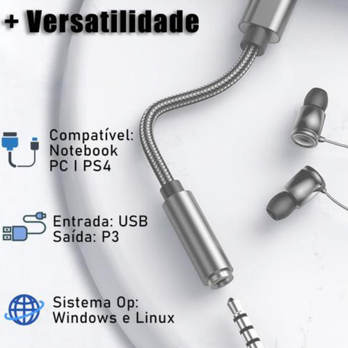 Placa De Som Usb P2/3 Fone Microfone Pc Notebook Dell
