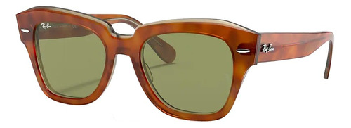 Óculos de sol Ray-Ban Wayfarer State Street Large armação de acetato cor polished havana on transparent beige, lente light green de cristal clássica, haste tortoise de acetato - RB2186