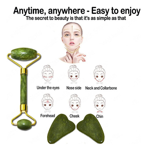Massageador Rolo Jade + Espátula Facial Jade Gua Sha