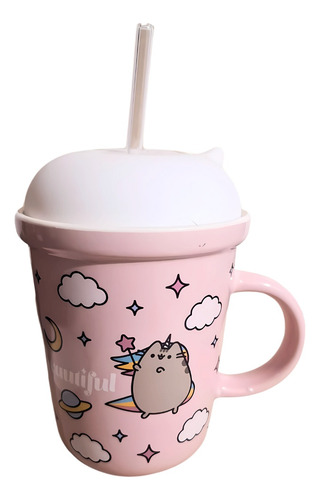Taza Cerámica Pusheen Con Tapa Y Popote Rosa Claro Rosa Claro