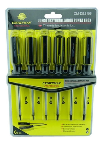 Kit Juego De Destornilladores Torx Estrella 6 Pieza Crownman