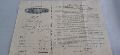 Antigo Doc. Mpanhia De Navegação Lloyd Brasileiro - 1898