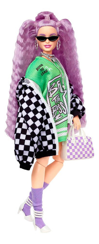 Muñeca Barbie Extra Chamarra De Cuadros Cabello Morado 