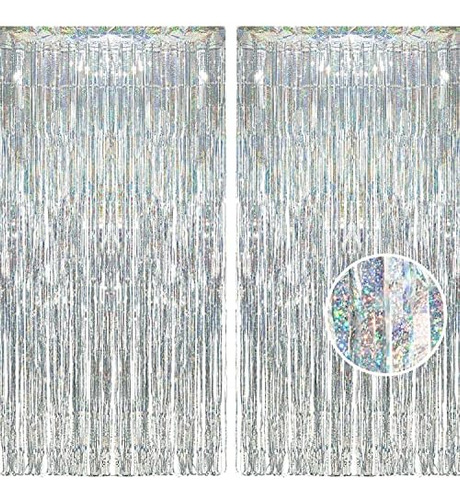 Silver Glitter Tinsel Foil Fringe Curtains - 2pcs 3.2x8...