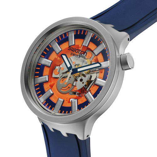 Reloj Swatch Orange In The Works Sb07s114 Correa Azul Bisel Azul Fondo Naranja