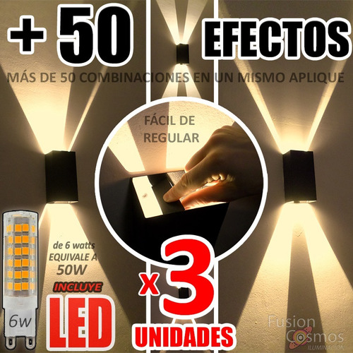 Aplique Interior Efecto Pared Luz 50 Efecto C Led 6w Pack X3u Iluminacion Hierro Difusor Bidireccional Full Regulable Fx