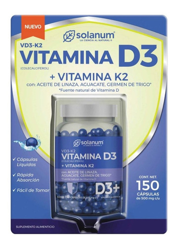 Vitamina D3 + K2 Solanum 150 Cápsulas De 500 Mg C/u Sabor Aceite De Linza, Aguacate,germend De Trigo