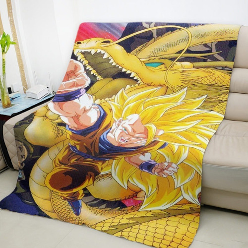 Manta Franela Suave Y Cómodo Goku Dragón Oro