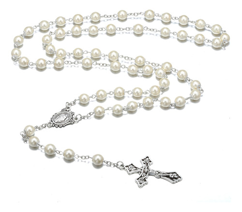 Collar De Rosario De Cuentas De Perlas Con Medalla Católica