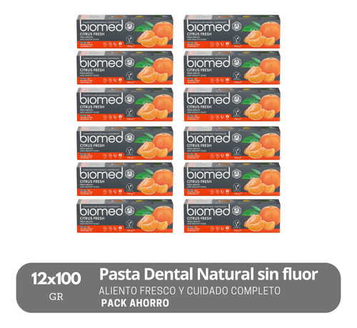 Pack 12 Pastas Dentales Sin Fluor Biomed Citrus Fresh 100g