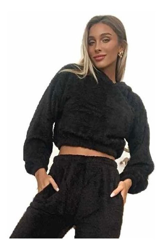 Sweater Mujer Con Capucha Buso Corderito Crop Buzo Invierno