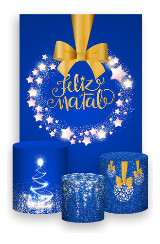 Painel Festa 1,5x2,2 + Trio De Capa Cilindro Feliz Natal 33 Cor Colorido Personagem Feliz natal Azul