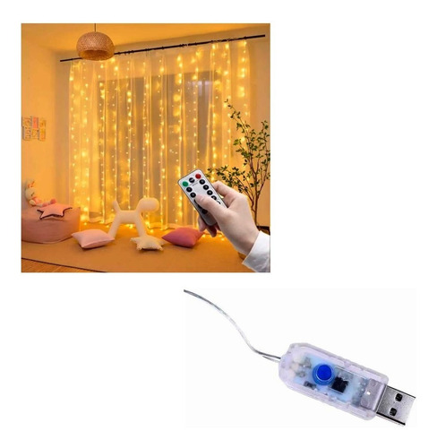 Imagen 4 de 7 de Cortina Luces Led 3x2 Mts Calida Conexión Usb Control Remoto
