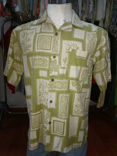 Camisa Hawaiana Verde Tropical Hombre Seda Talle S -36