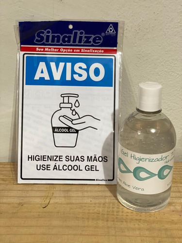 Kit Álcool Gel 500ml + Placa Uso Alcool Em Gel - Sinalize